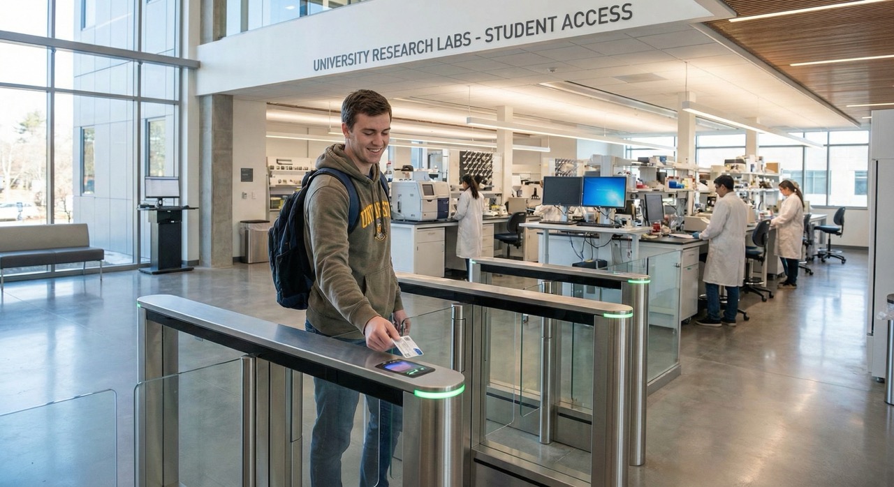 Student scanning badge at sleek university lab